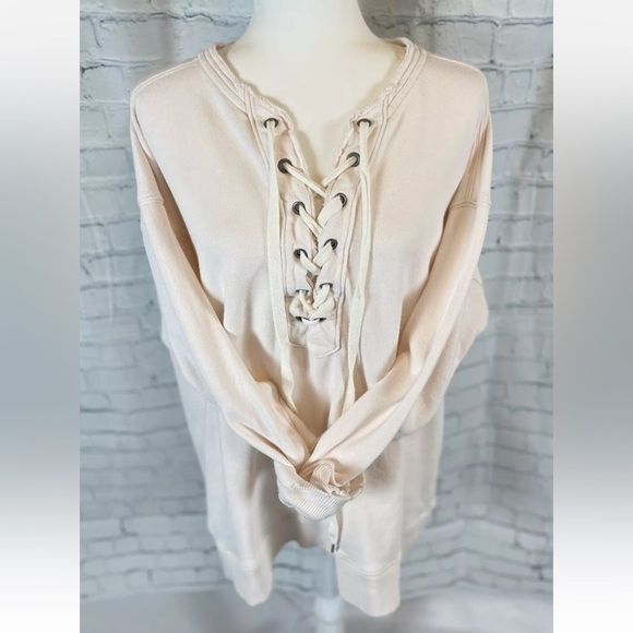 Real Good Aerie oversized lace up crew sweatshirt Pale Pink Woman’s Size L cute - Picture 16 of 16